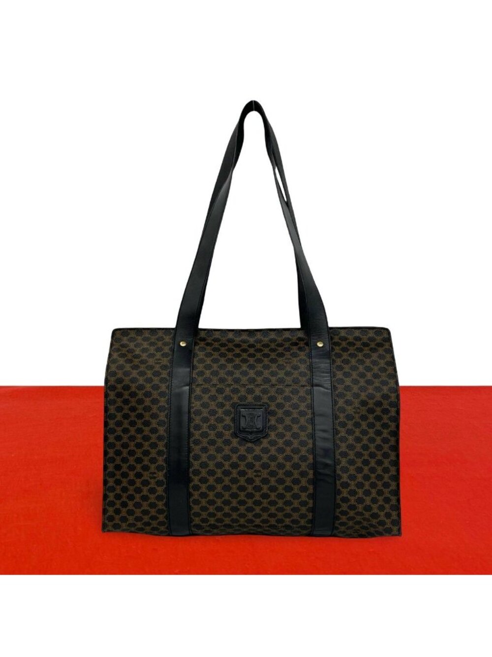 Celine Vintage Macadam Blason Pattern Leather Tote Bag Brown Black